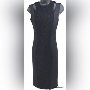 MARNA Ro Boucle Fur Panel Cut Out Black Bodycon Sleeveless Midi Black Dress